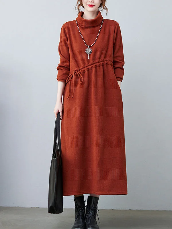 Casual Roomy Pure Color Drawstring High-Neck Long Sleeves Sweater Dress