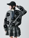 IMAKOKONI original design gray hooded long sleeved flower patch autumn hoodie jacket for women 244780