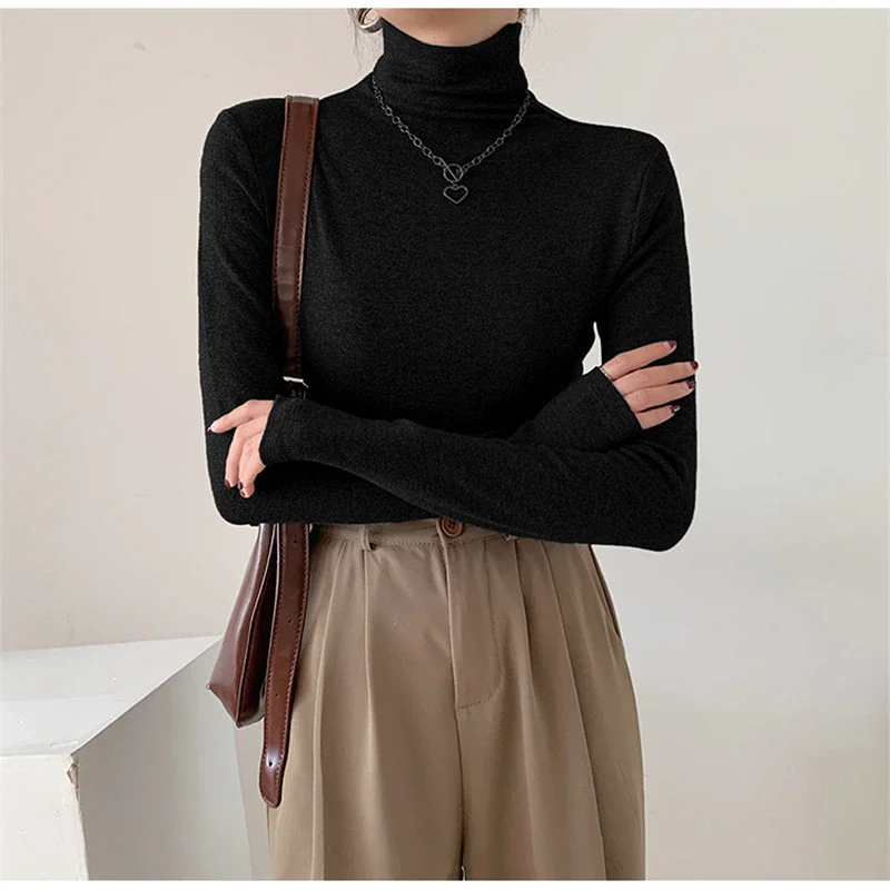 Jangj 2022 Spring Autumn Women Pullover Female Knitted Sweaters Solid Concise Turtleneck Elasticity Elegant Office Lady Casual Tops