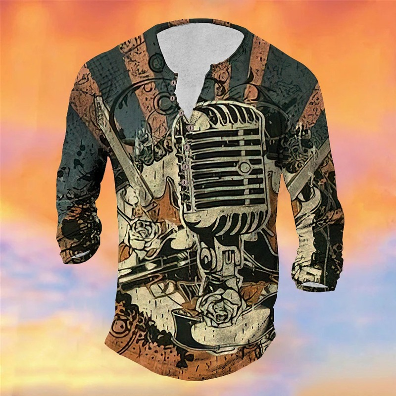 Men's Vintage Guitar Print Long Sleeve Henley T-shirt