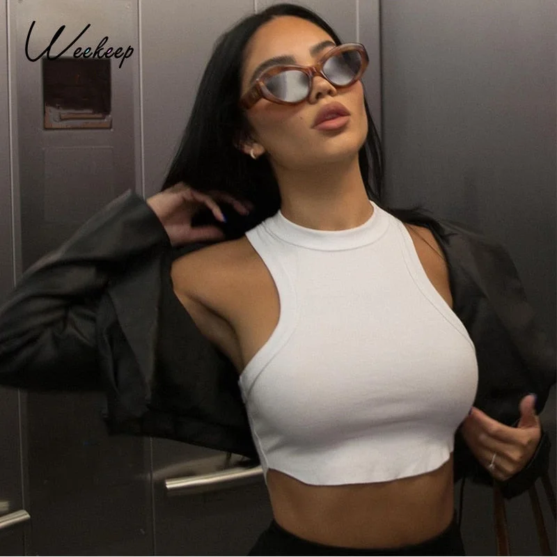 Weekeep Sleeveless Rib Knit White Casual Tank Top Women's Summer 2021 Fitness Slim Cotton Crop Tops Streetwear Basic Vest Female