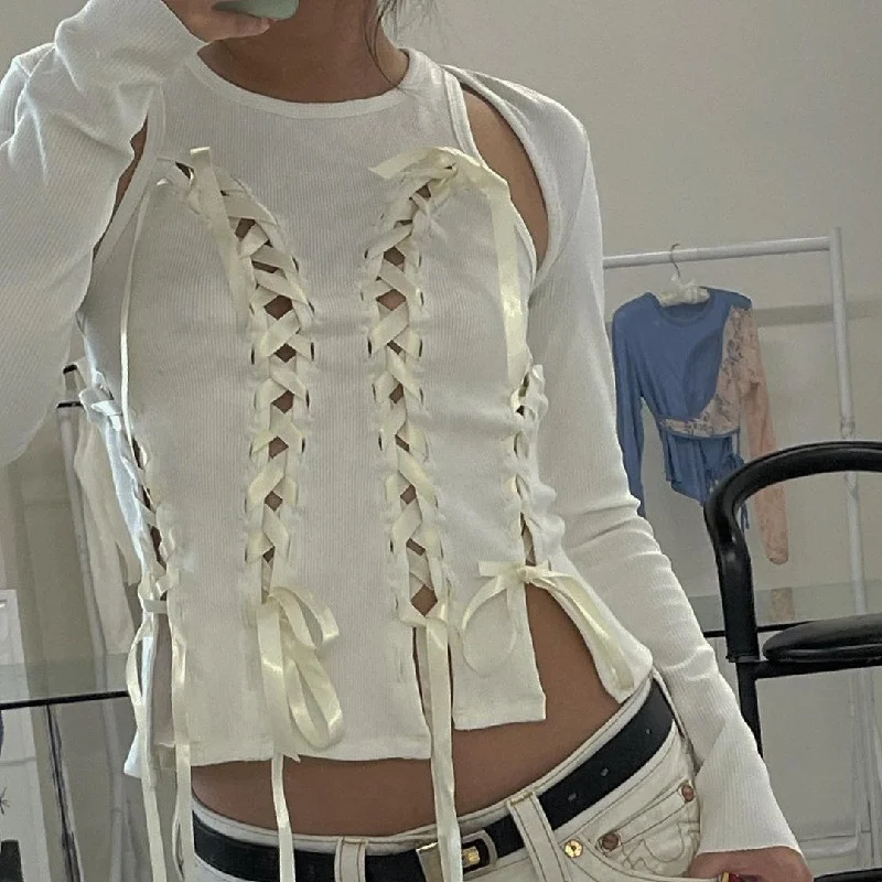 Uveng Uveng 2023 Hot Style Fashion Round Collar Hollow Out Cross-Tie Bow Short Sleeveless Vest