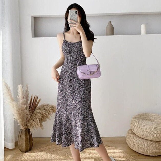 Dresses Women Elegant Printing Spaghetti-strap Abdomen High Waist Feminino Vestidos Korean Style Stylish Sweet V-Neck Retro Chic