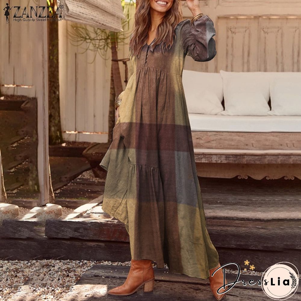 Zanzea Women Long Sleeve V-Neck Printed Kaftan Puff Sleeve Casual Loose Long Maxi Dresses Plus Size