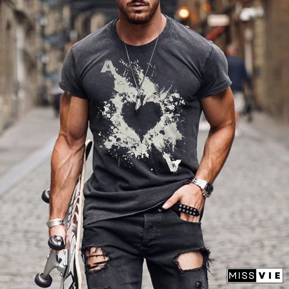 Mens Fashion Washed Poker Print T-Shirt
