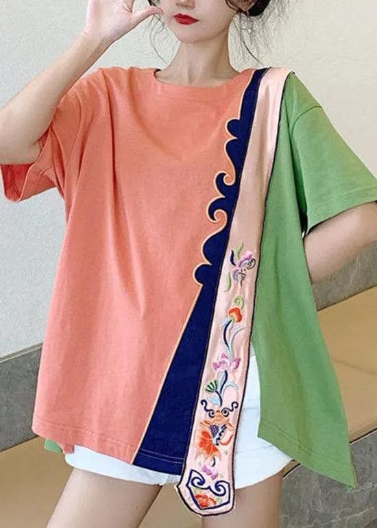 Orange Tops side open O-Neck low high design short Sleeve
