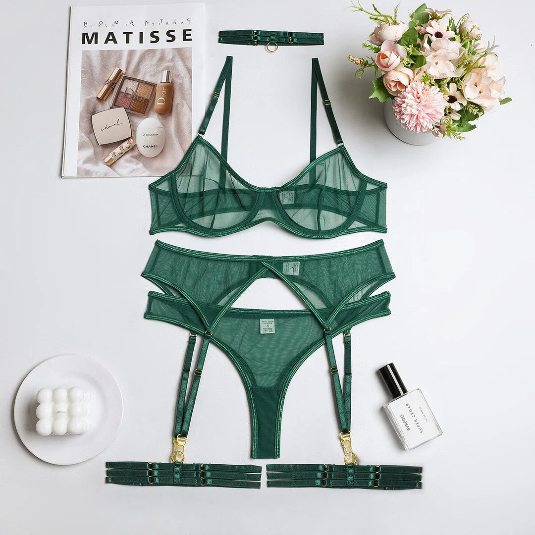 MIRABELLE Sensual Lingerie Set Woman 4 Pieces Sexy Erotic Underwear Bra Garters Brief Sets Transparent Lace Seamless Outfits