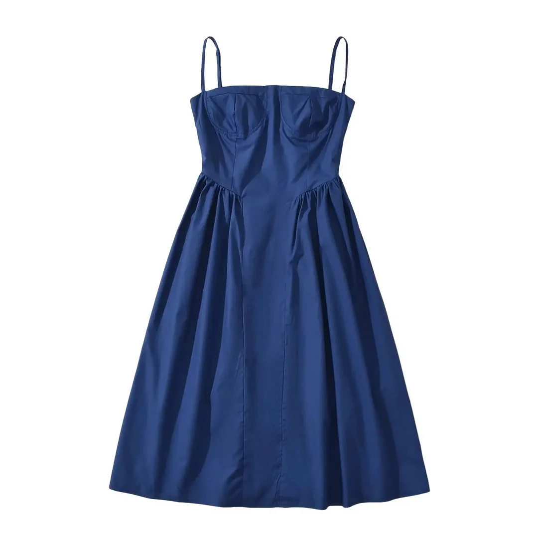 Tlbang Sexy Women Corset Style Low Waist Midi Sling Dress Vintage Navy Blue Female Party Robe