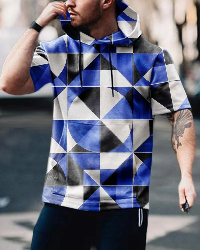 Men's Casual Blue Geometric Printing Short-Sleeved Hoodie