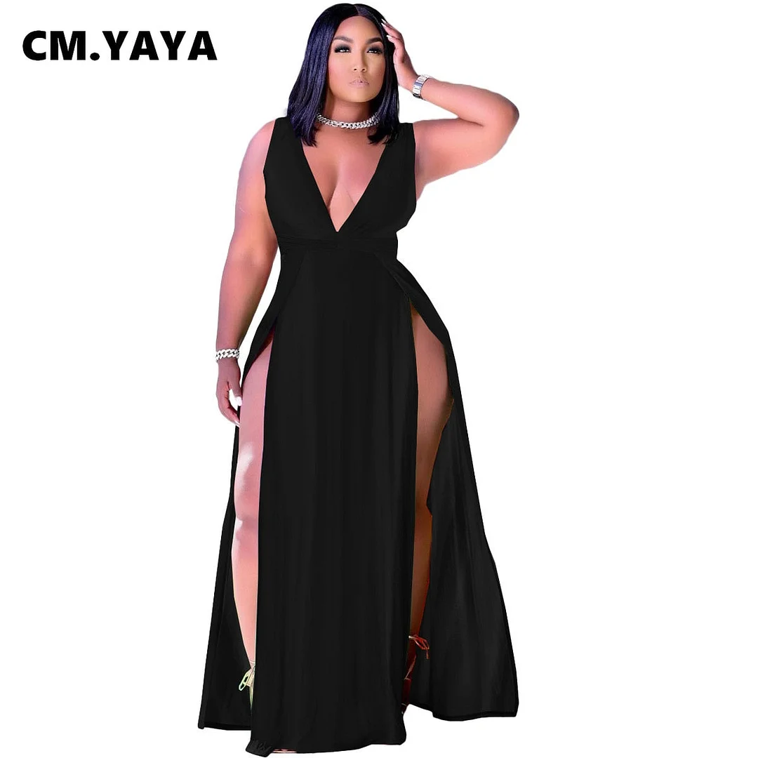 CM.YAYA Women Long Dress Solid Sleeveless V-neck Loose Splited Maxi Dresses Sexy Fashion Vestidos Streetwear Summer Outfits 2021