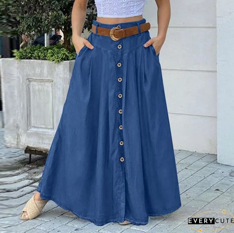 Royal Blue Piped Button Embellished High Waist Maxi Skirt