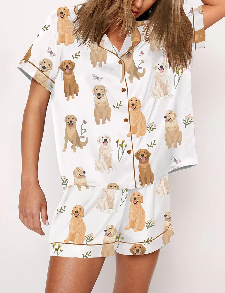 Women’s Golden Retriever Cottagecore Short Sleeve Satin Pajama Set
