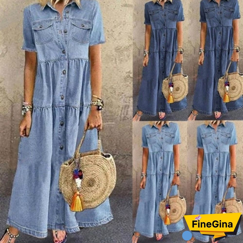 Womens Summer Autumn Denim Long Dress Retro Button Pockets Jeans Maxi Ladies Casual