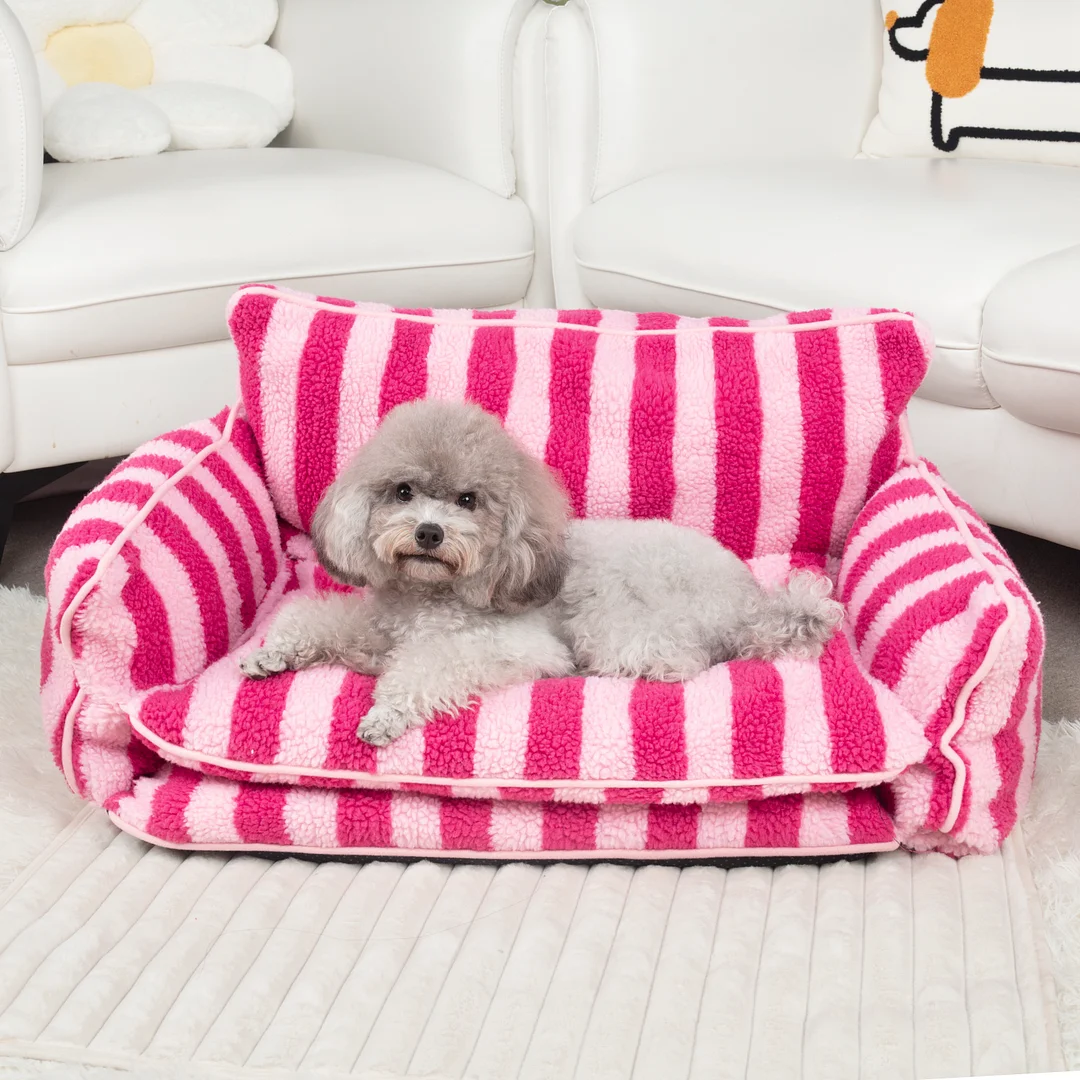 Trendy Striped Faux Lambswool Double Layer Dog & Cat Sofa Bed