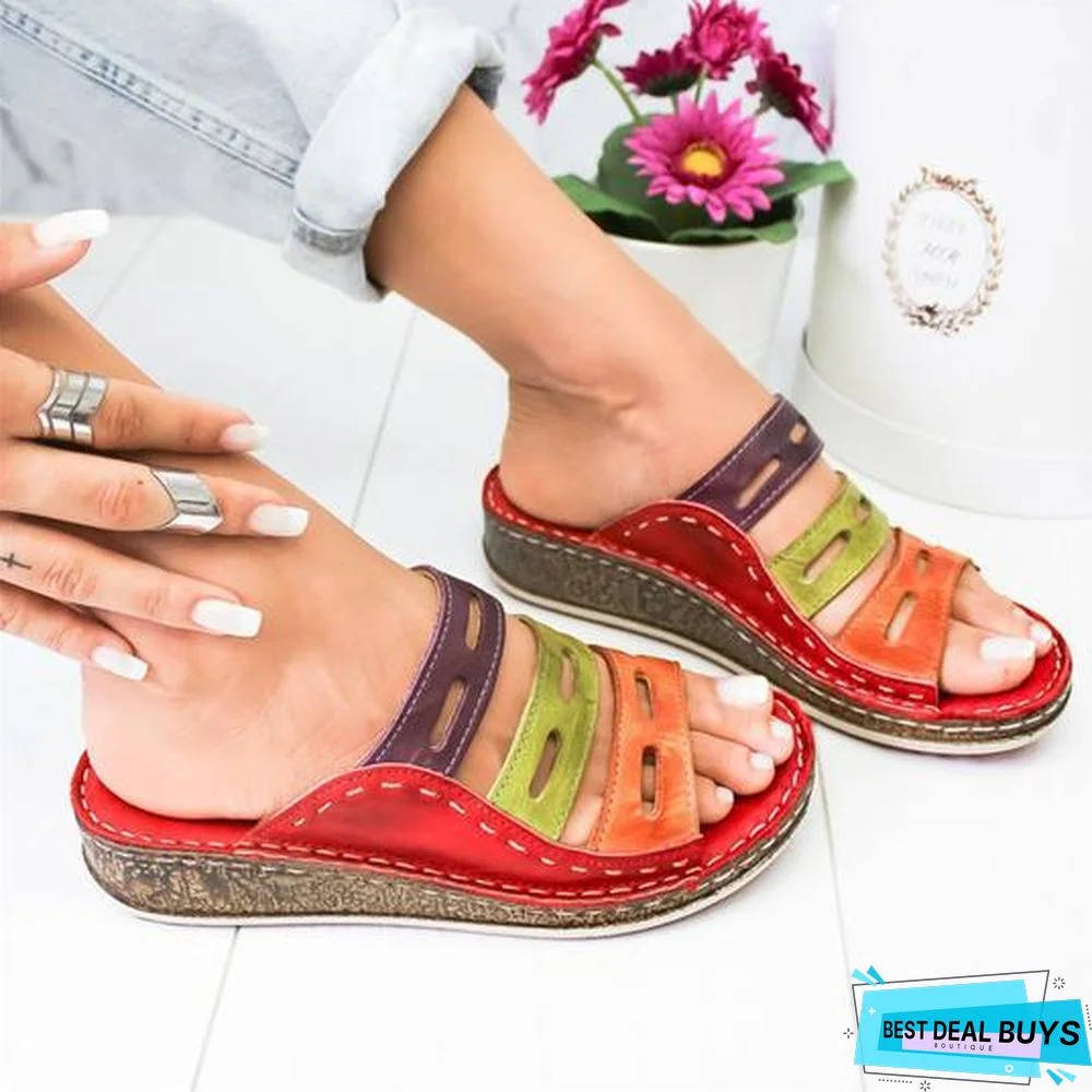 Women Three-Color Stitching Casual Low Wedge Heel Peep Toe Sandals Slippers Shoes