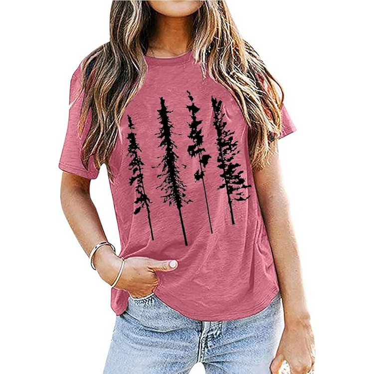 AL™ Tree Print Hiking T-Shirt Tees Short Sleeve Crew Neck Tee-Annaletters