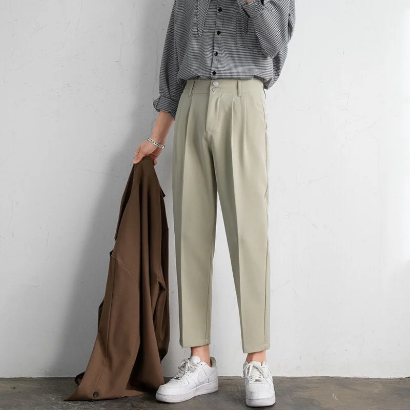 Woherb 2021 Men's Summer Suit Pants Korean Design Clothing Ankle Length Straight Fit Trousers Elastic Waist Solid Black Khaki Green