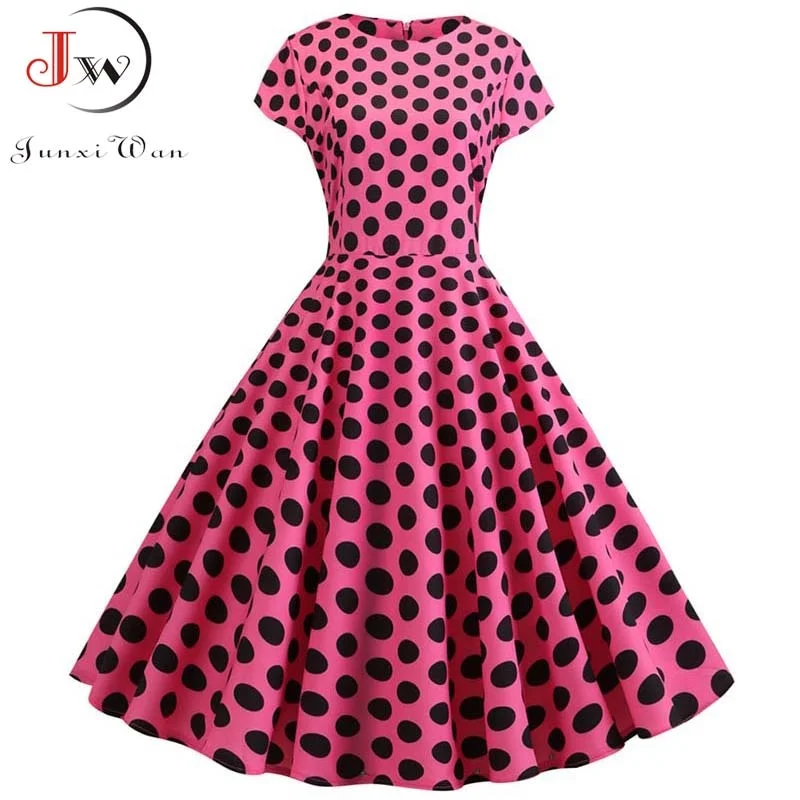 Short Sleeve Polka Dot Summer Dress Women White Elegant A-line Midi Party Dress Vestidos 50s 60s Rockabilly Vintage Dress