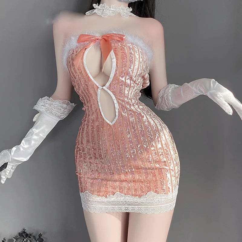 Billionm OJBK Woman Bunny Girl Erotic Outfit Kawaii Cosplay Bunny Costumes Hollow Out Bandage Dress Lace Sleeveless Nightgowns Plus Size