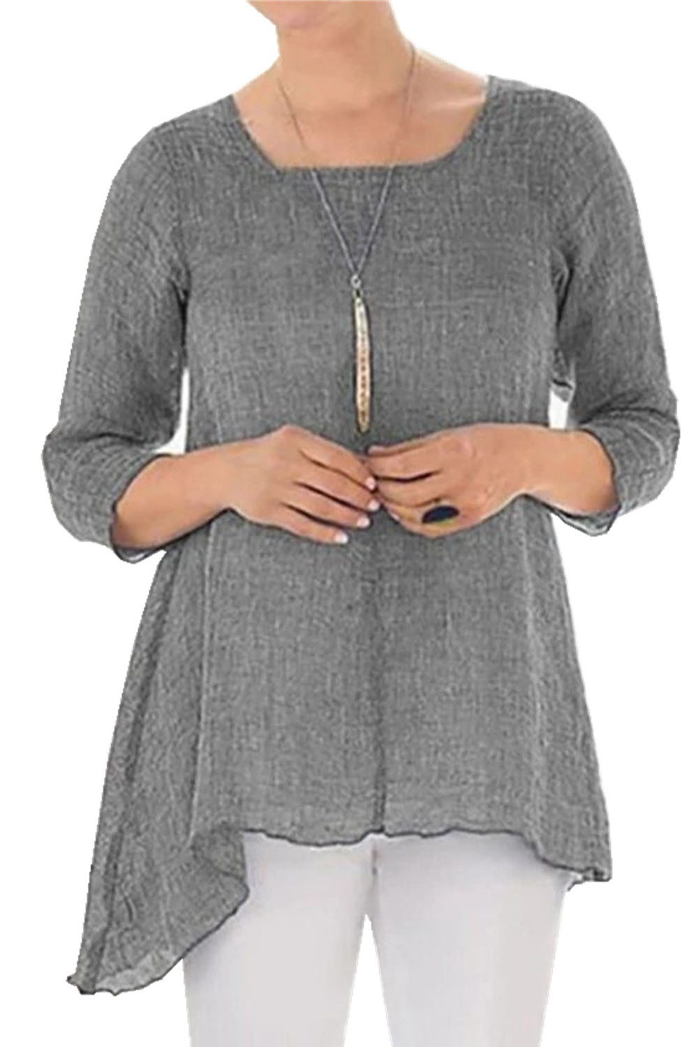 Plus Size Everyday Blue Solid 3/4 Sleeve Asymmetrical Hem Blouse 2024 - Flycurvy 