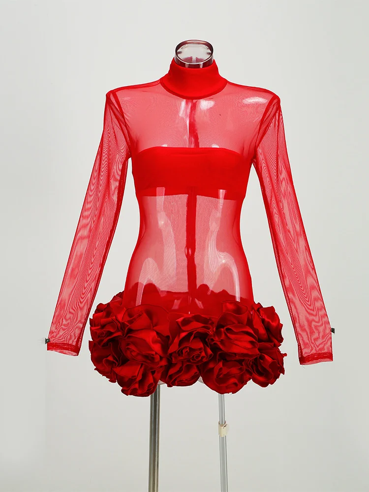 Brownm New Sexy Mesh Perspective High-Necked Long-Sleeved Dress Dress Body High-End Temperament Floral Dress Dress Dress Woman