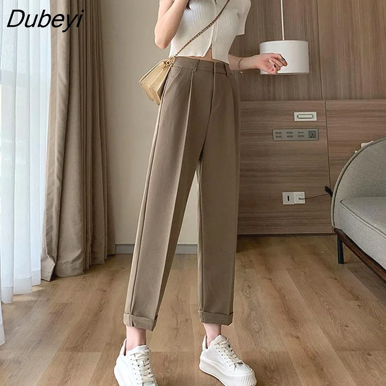 Dubeyi Pants Women Ankle-length Trouser Office Lady Solid Pleated Elegant Crimping High Waist Zipper Fly Straight Pant Hot Sale