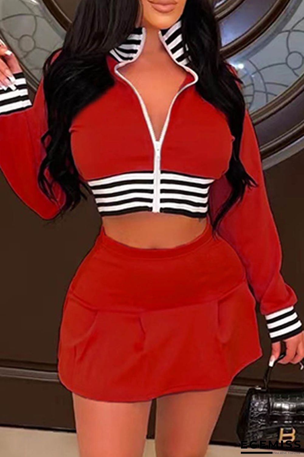 Red Casual Solid Patchwork Zipper Collar Long Sleeve Two Pieces | EGEMISS