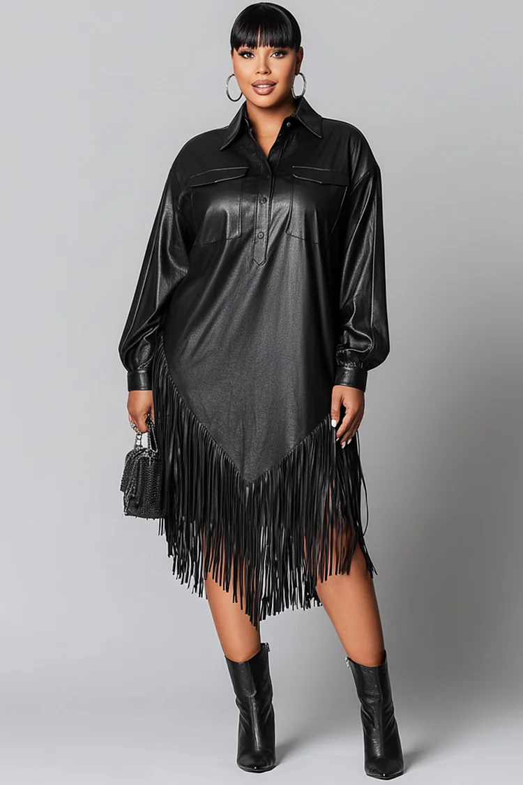 Xpluswear Design Plus Size Festival Black Shirt Collar Long Sleeve Strappy Elegant PU Leather Midi Dresses 2024 - Xpluswear