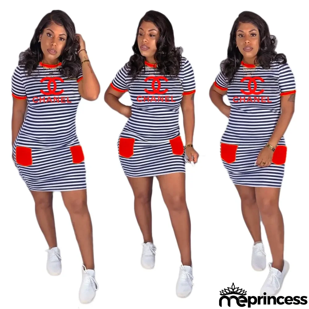 Summer Striped Print Round Neck Shirt Dress