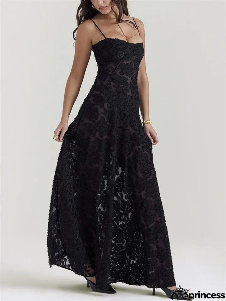 Female Sexy Black Embroidered Strappy Evening Dresses