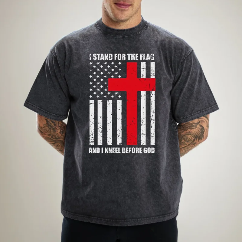 I Stand for the Flag and Kneel before God Men's Acid Wash Loose T-Shirt