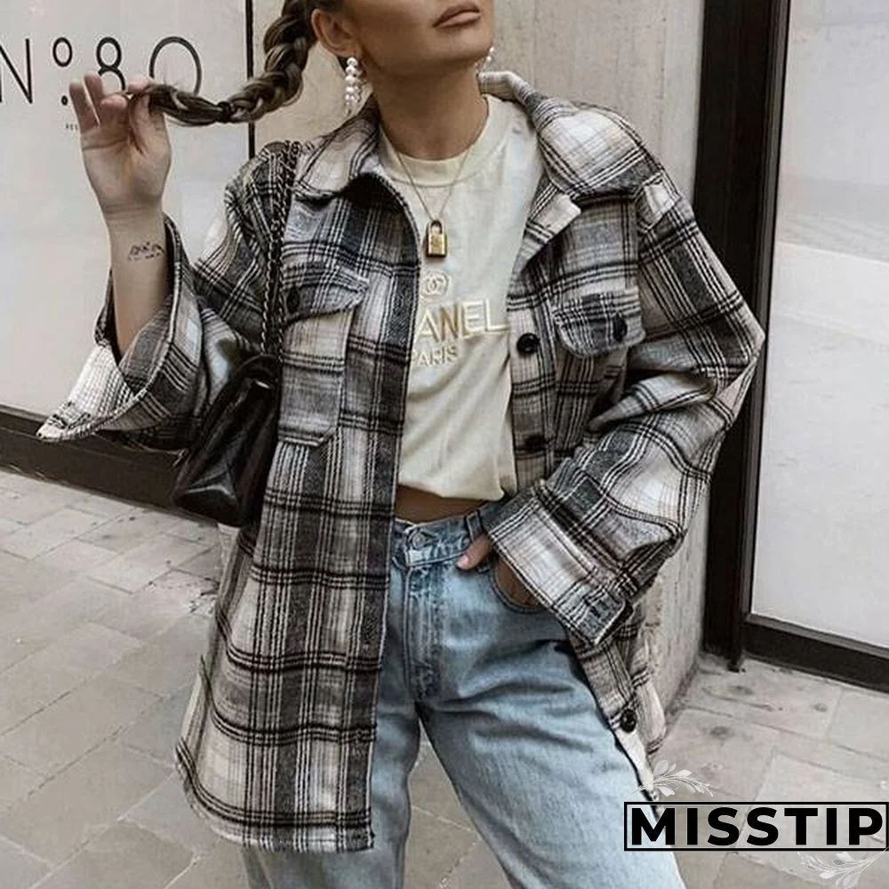 Classic Thick Colorblock Checked Button Down Shirt Jacket Woolen