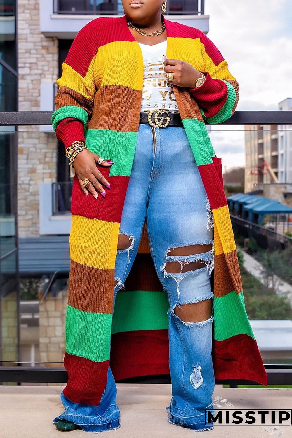 Blue Plus Size Daily Striped Cardigan