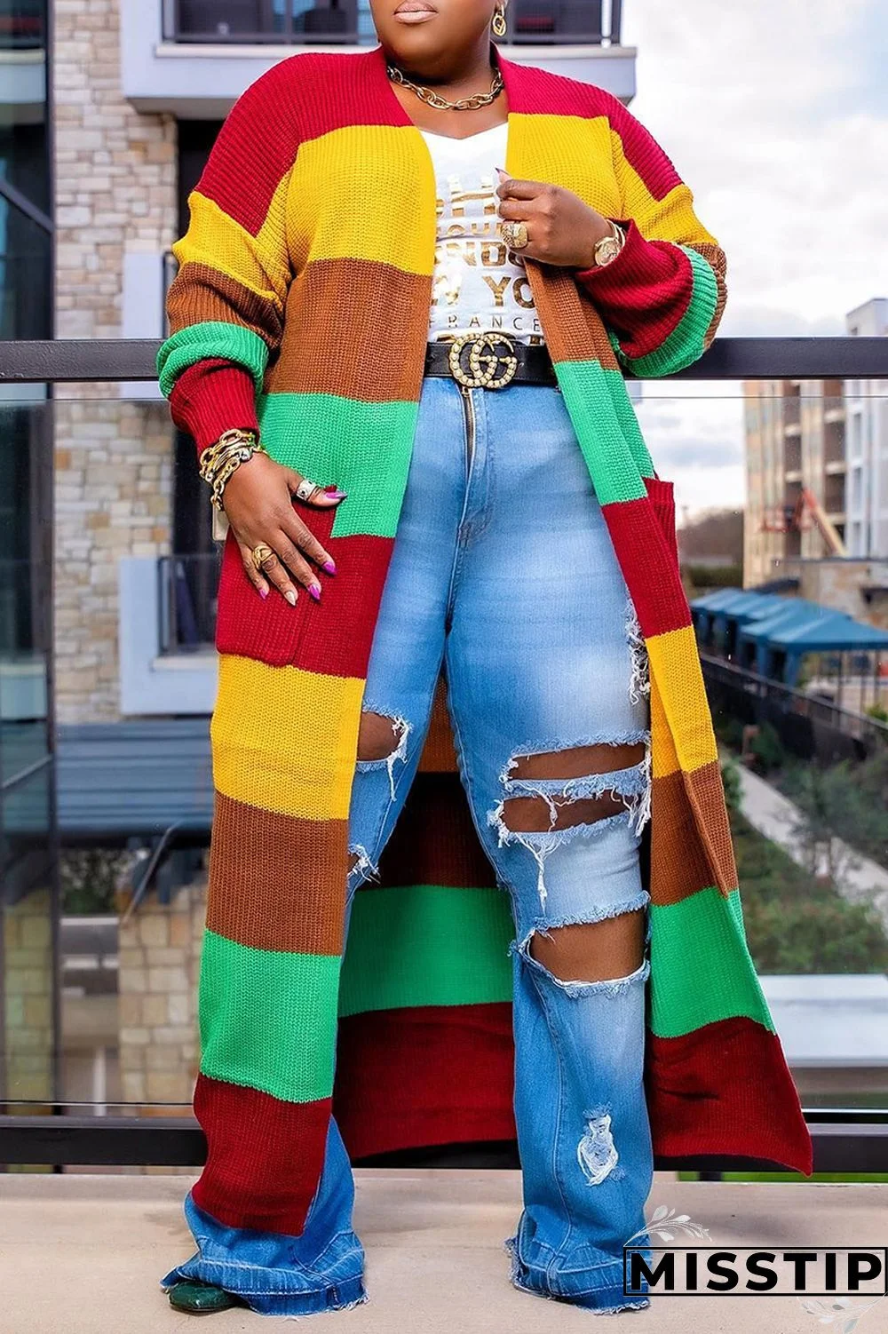 Blue Plus Size Daily Striped Cardigan