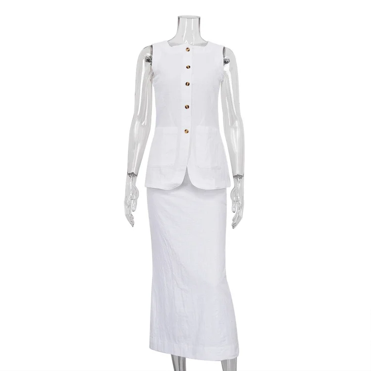 Churchf Churchf New White Square Collar Sleeveless Vest High-Waisted Skirt High Sense Suit Fashion Women's Wear
