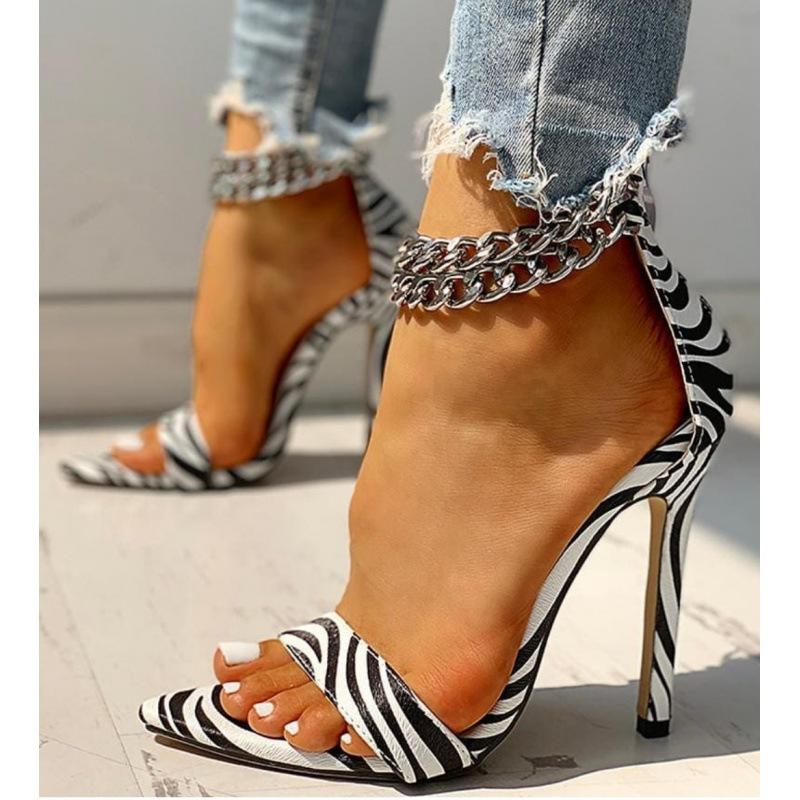 Pointed peep toe metal ankle chain stiletto high heels