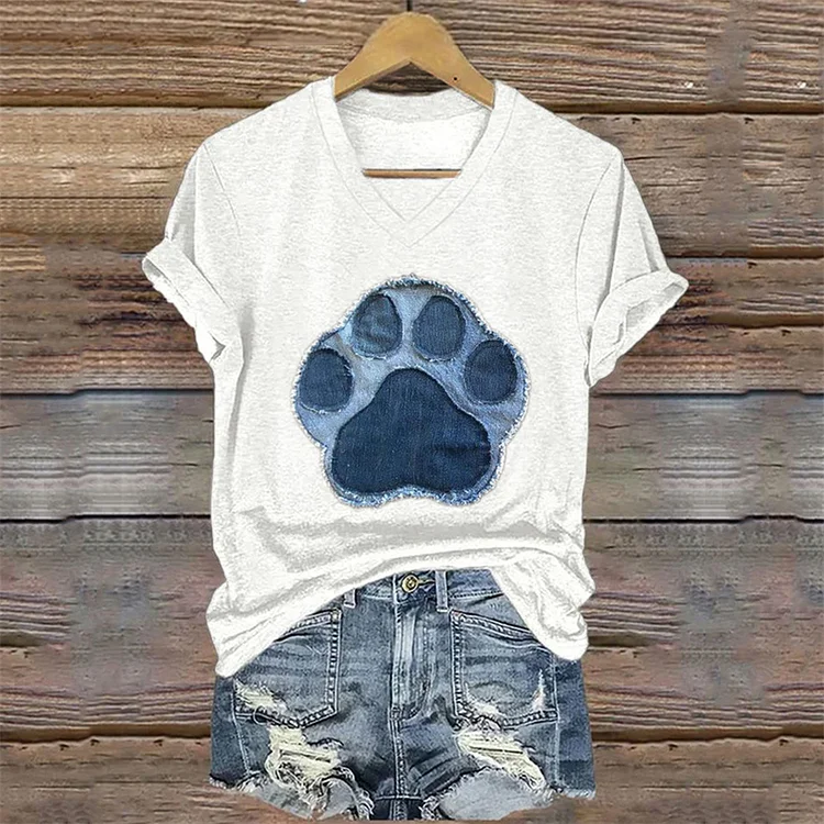 Utbros Animal Lover Paw Print Denim Textile Art T Shirt