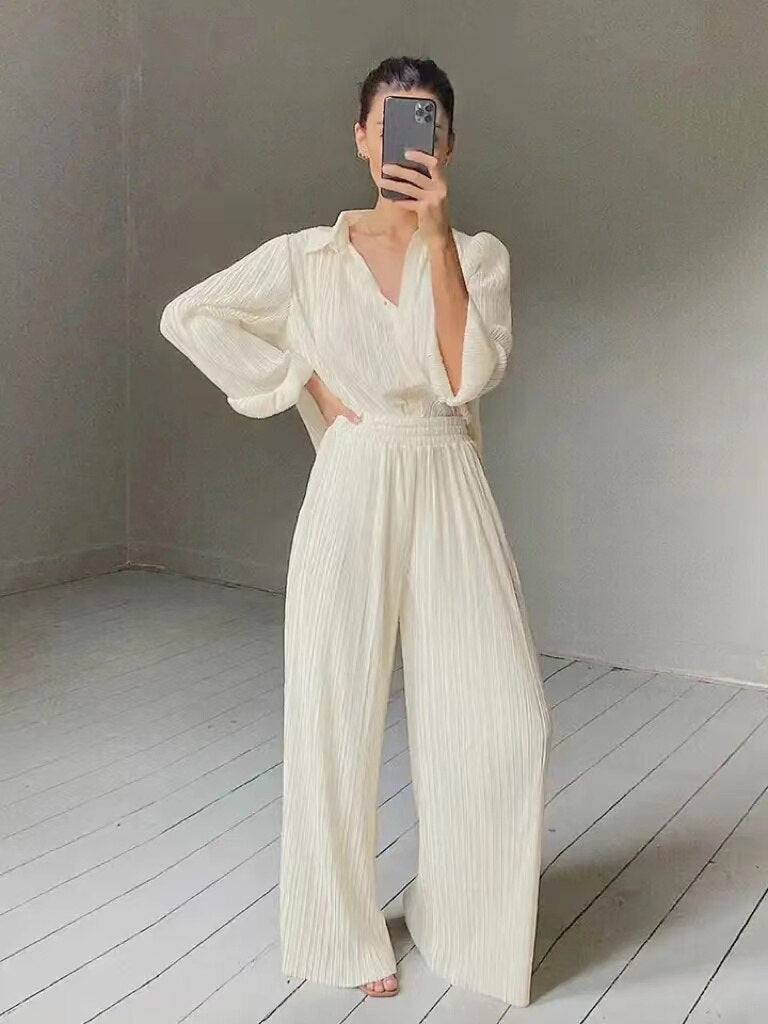 Joskka Womens Fashion Homewear Loose Long Sleeve Blouses And High Waist Wide Leg Pants