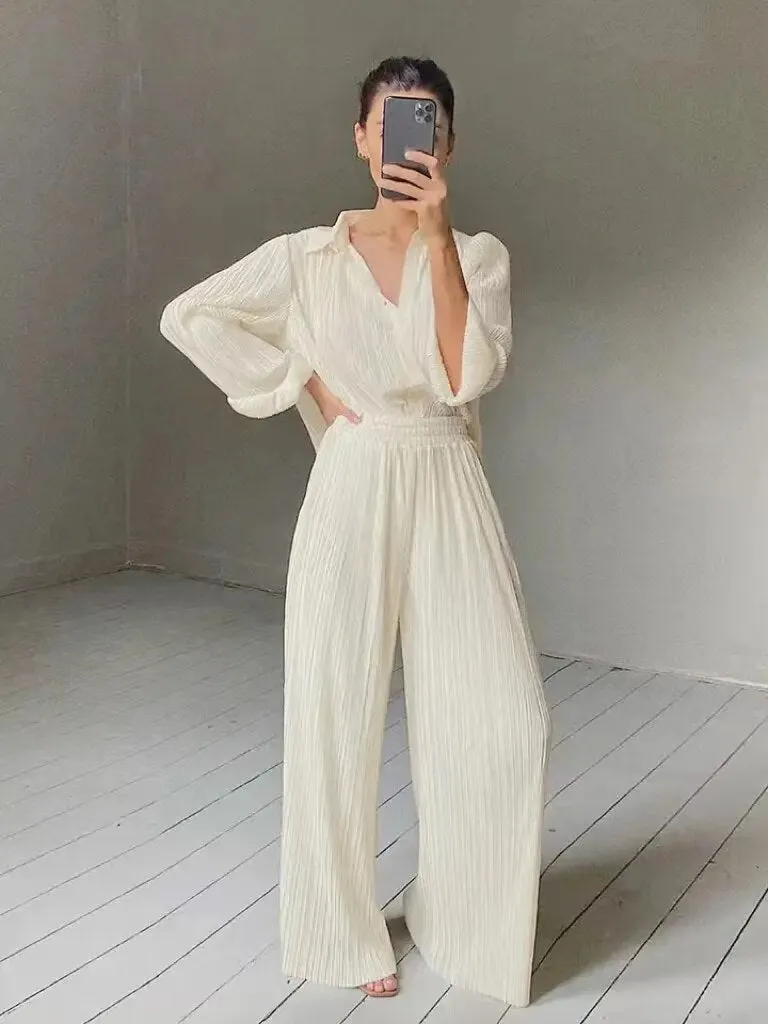 Joskka Womens Fashion Homewear Loose Long Sleeve Blouses And High Waist Wide Leg Pants