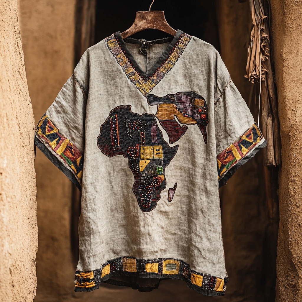 Men's African Map Tribal Art Cotton And Linen V-neck T-shirt