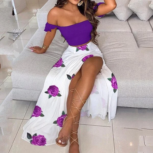 Women Fashion Dress Sets Beach Floral Print Skirt Suit Sexy Strapless Off Shoulder Ruffles Party Dress Ladies Two Piece Set