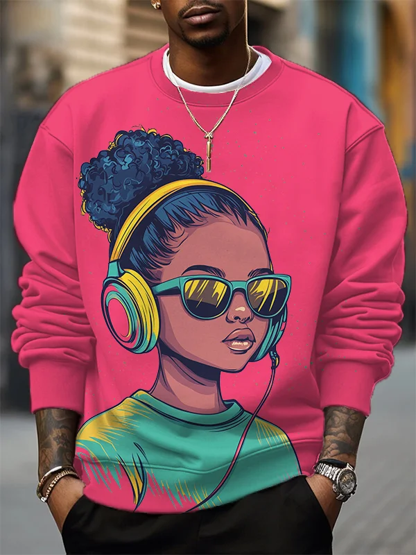 Men's Black Girl With Headphones Print Casual Sweatshirt