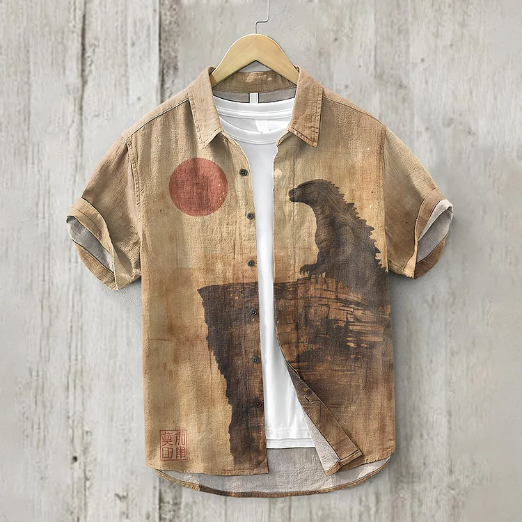 Vintage Godzilla Landscape Art Print Short Sleeved Linen Blend Shirt
