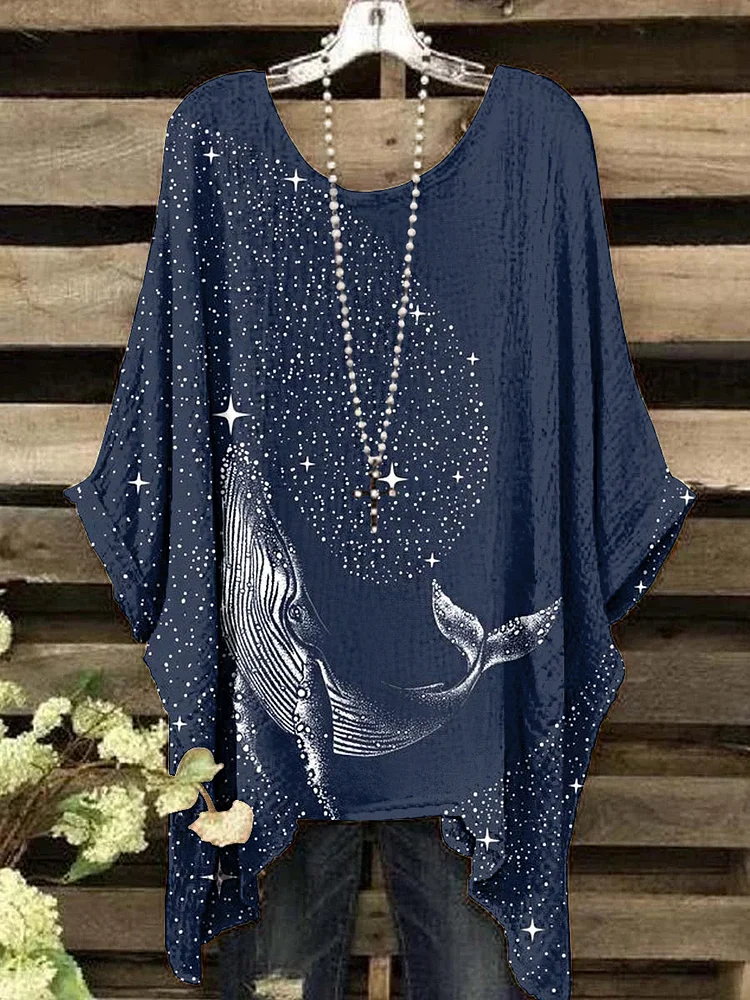 Women's Vintage Fantasy Dolphin Pattern Round Neck Top