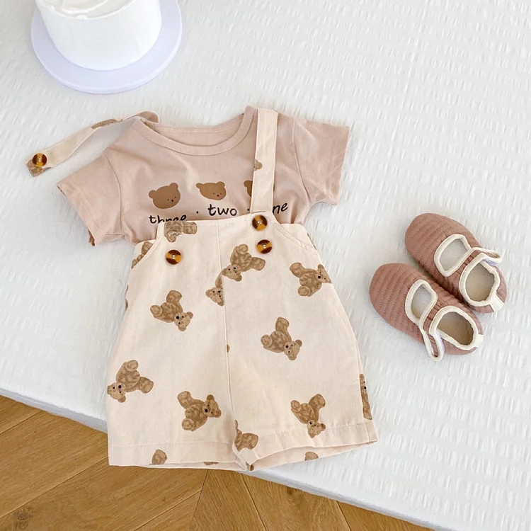 2pcs Baby Boy/Girl Dot and Bear Print T-shirt and Overalls Romper