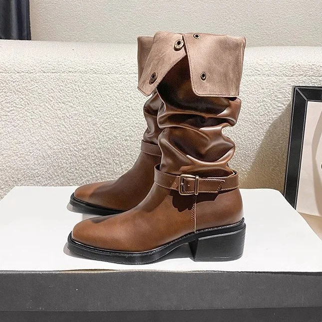 Yyvonne Coarse And Square Head Folding Pile Of Knight Boots New Autumn And Winter Temperament Net Red Two Wearing Brown Retro Boots