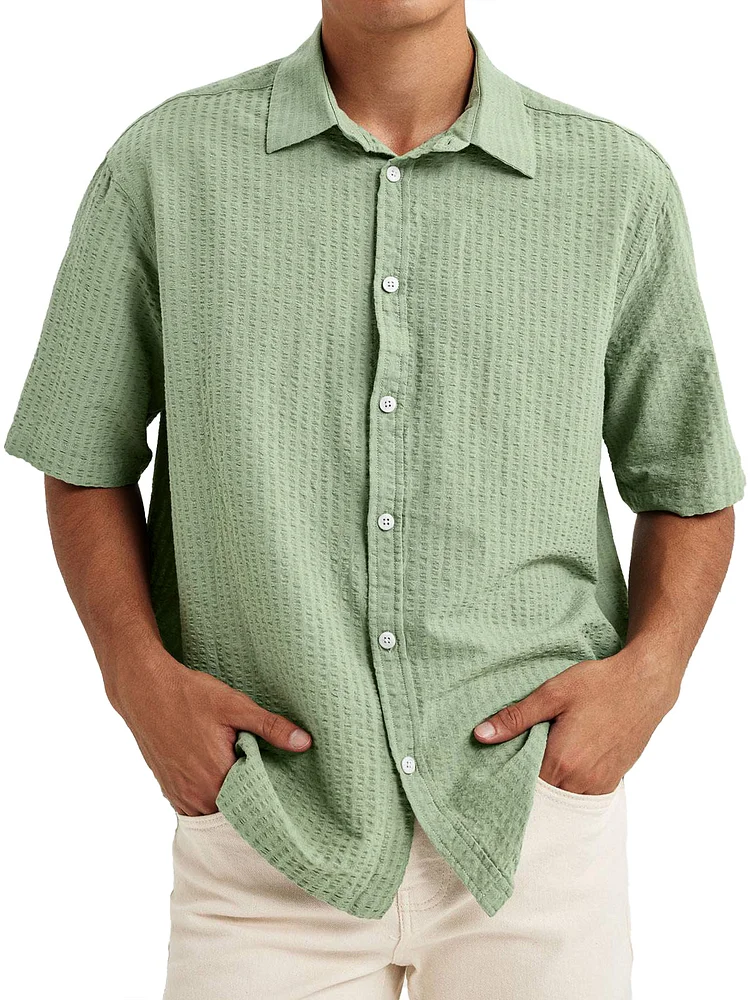 Men's Casual Textured Lapel Solid Color Short-sleeved Shirt