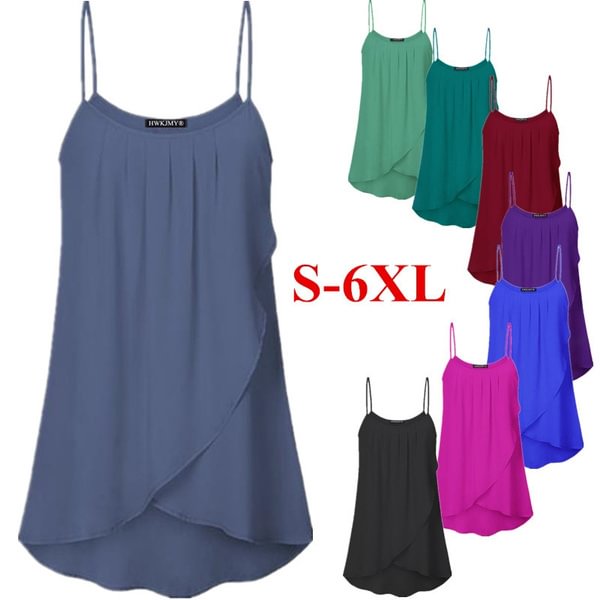 Summer Women Chiffon Solid Color O-neck Sleeveless Top Sling Sexy Off Shoulder Loose Pleated T-shirt Blouse Casual Tank Top Plus Size S-6XL - Shop Trendy Women's Clothing | LoverChic