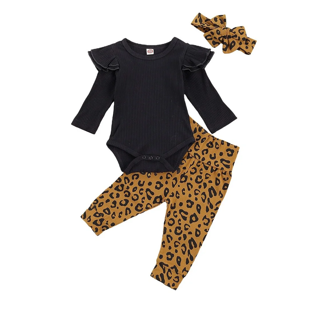 3Pcs Infant Baby Girl’s Clothes Fresh Solid Color Flying Sleeve Ribbed Jumpsuit and Leopard Trousers with Headband