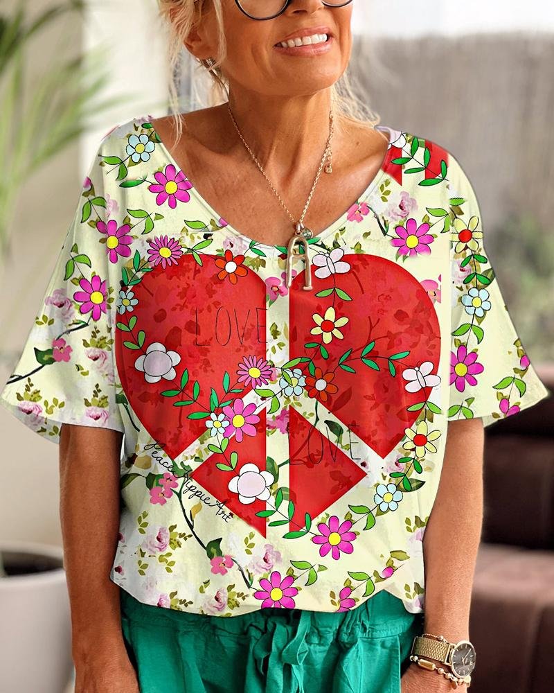 Hippie Peace Flower Red Heart V Neck T-shirt